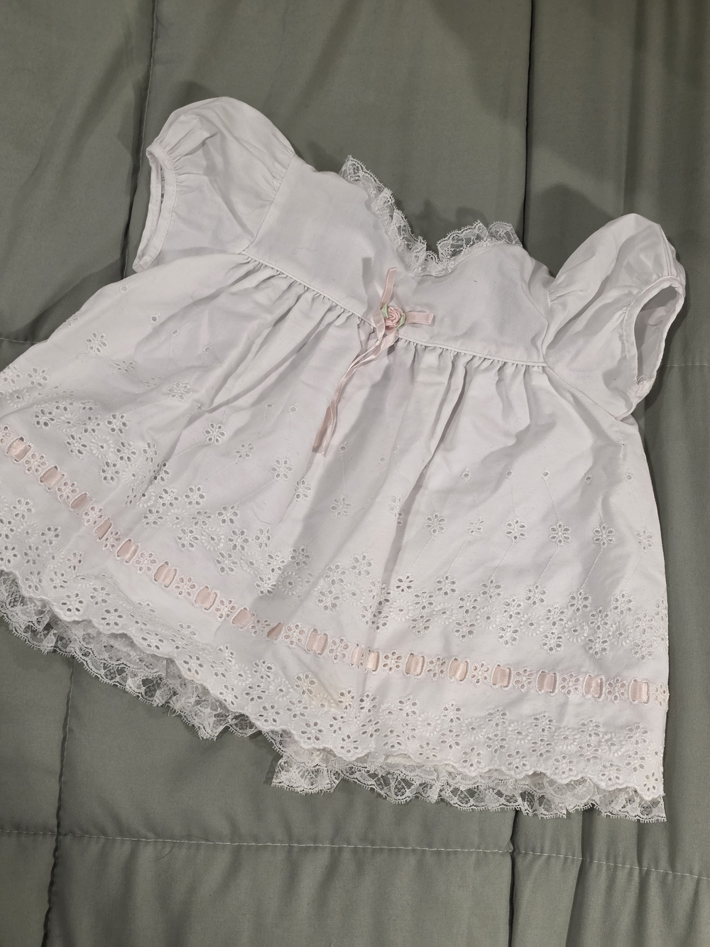 White Eyelet Lace Baby Girl Dress with Pink Ribbon